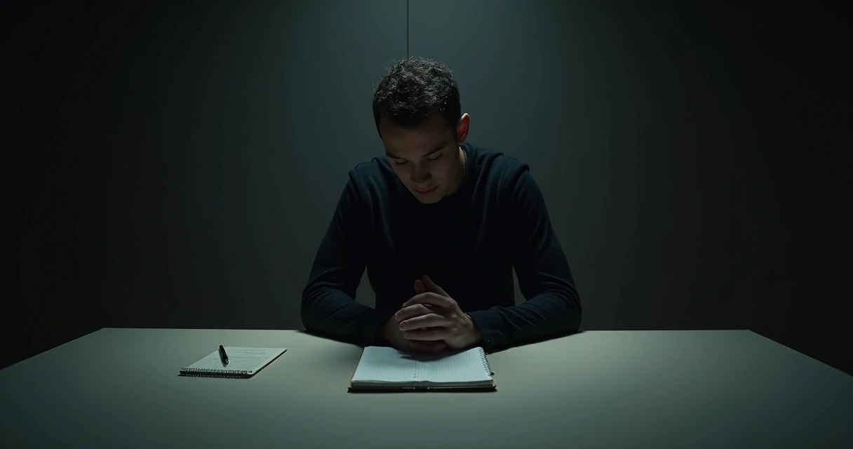 Pessoa sentada sozinha em uma sala, olhando para baixo 