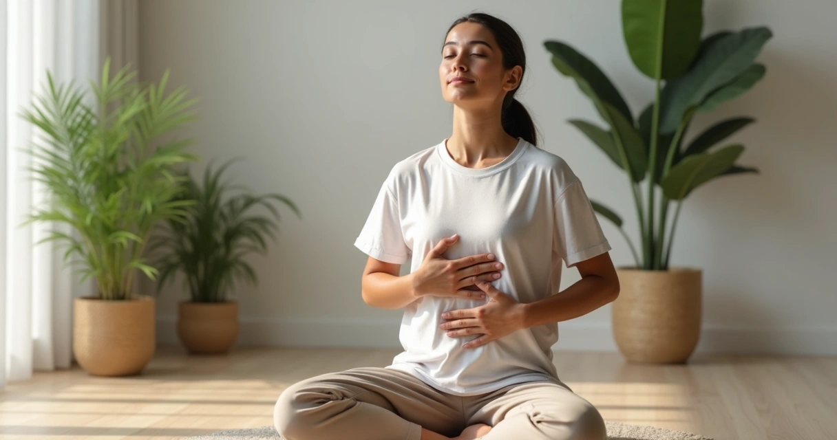 Pessoa sentada tranquila, olhos fechados, percebendo o corpo 