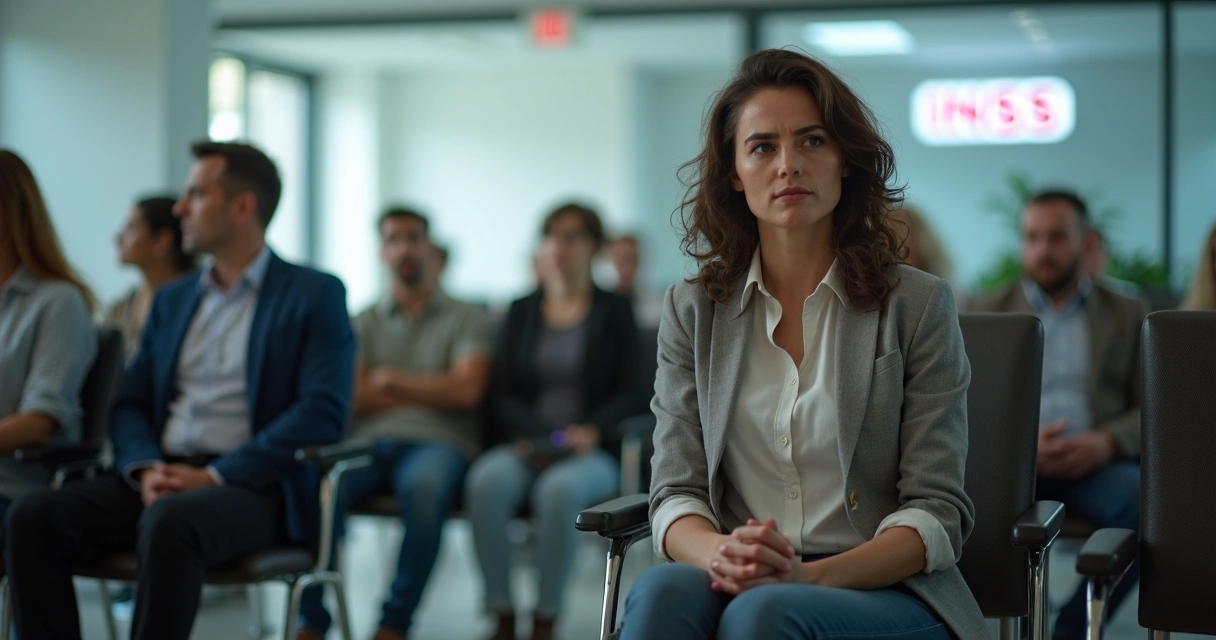 Pessoa sentada, com expressão ansiosa, aguardando chamada para perícia em agência do INSS 