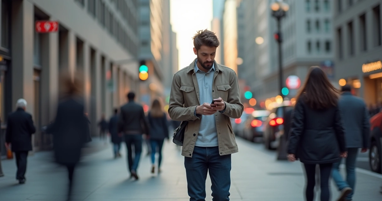 Pessoa caminhando distraída pela cidade cercada de pessoas aceleradas 