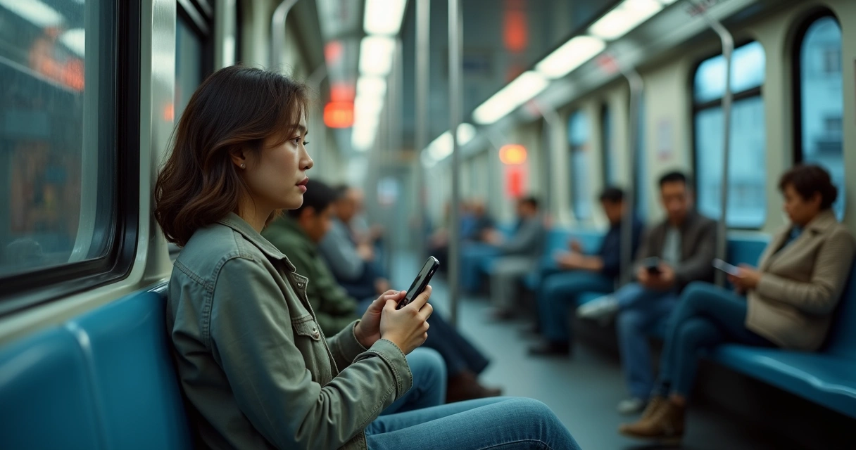 Pessoa em transporte olhando pela janela com expressão distante e pensativa 