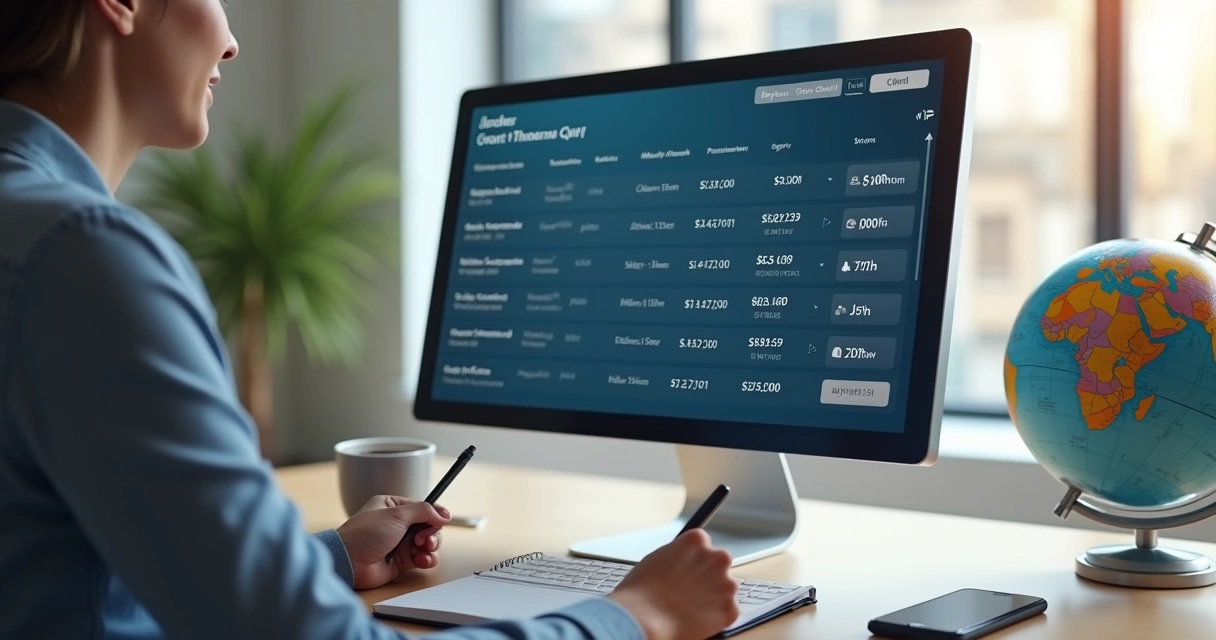 Pessoa pesquisando passagens aéreas em computador e anotando sugestão de datas 