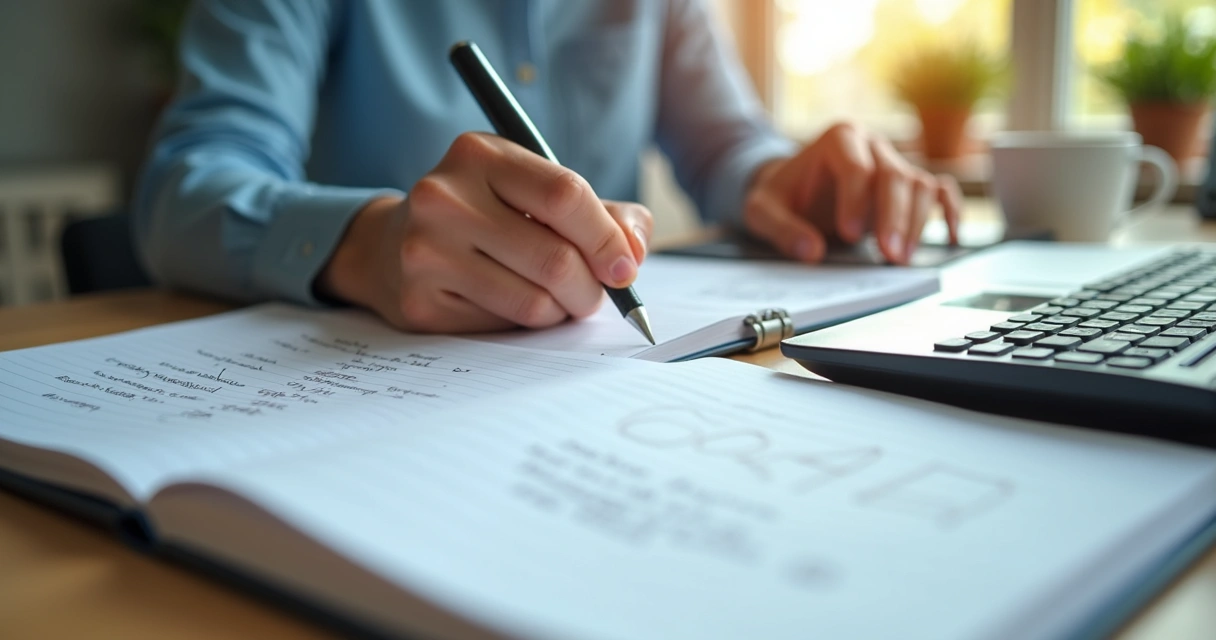 Pessoa escrevendo metas financeiras em caderno