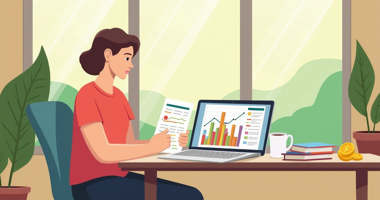 Pessoa olhando planilha com gráficos e planejando liberdade financeira em casa. 
