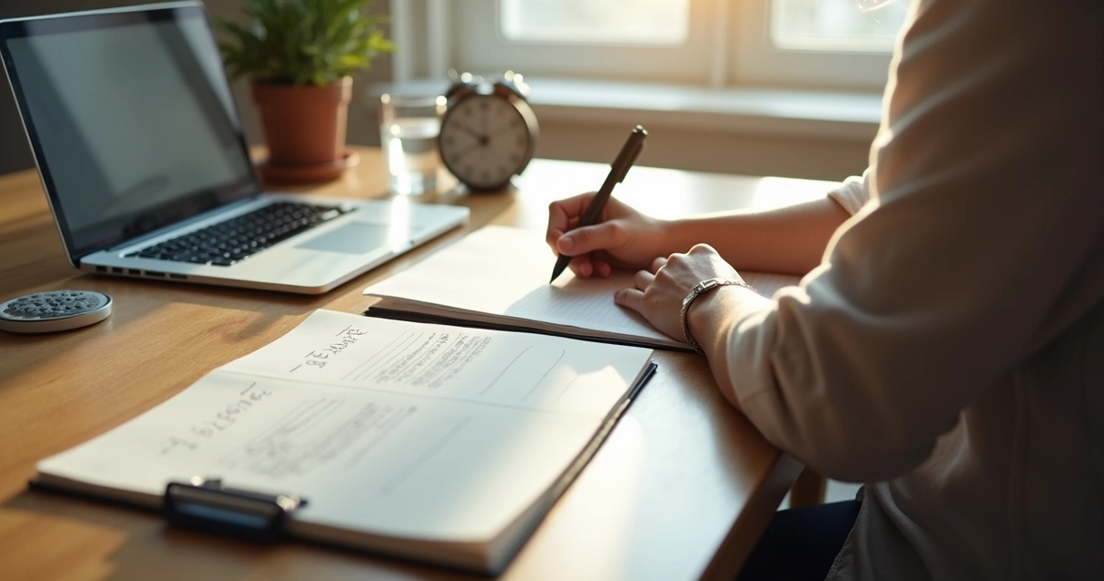 Pessoa escrevendo plano simples em caderno ao lado de laptop e relógio