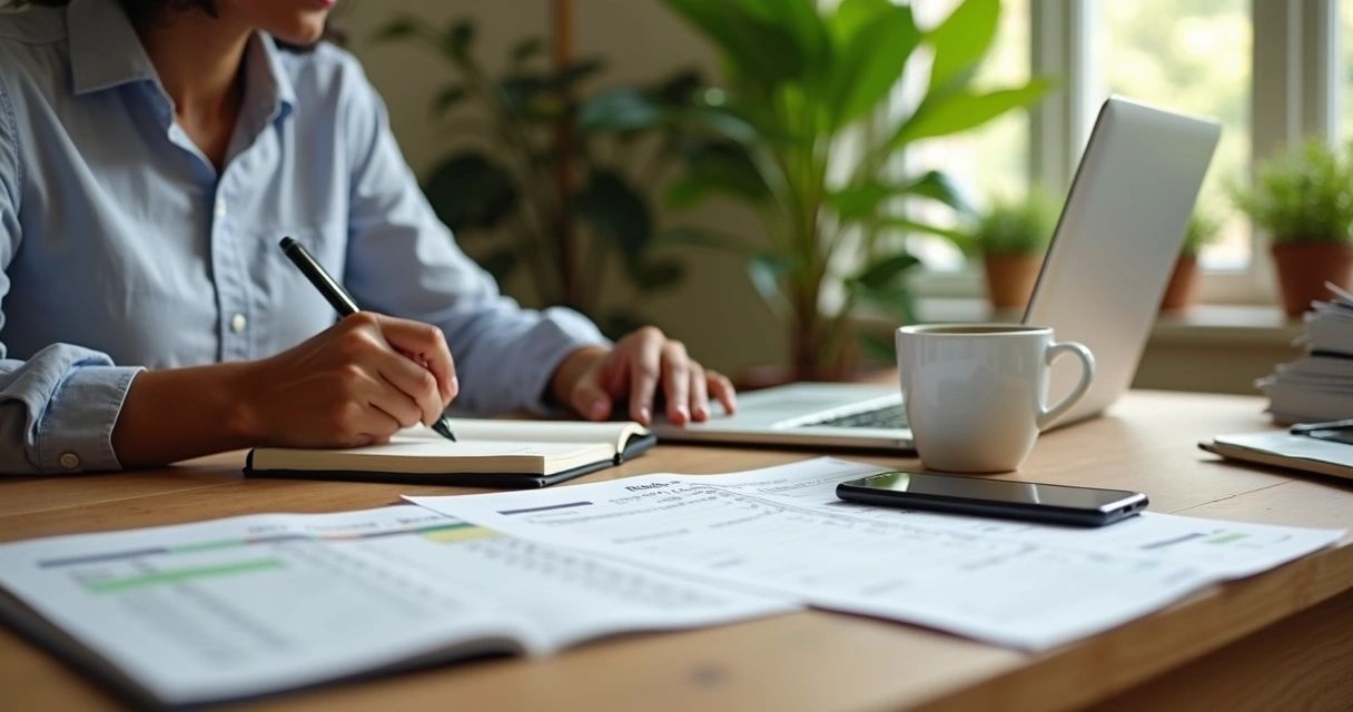 Pessoa escrevendo anotações em caderno ao lado de notebook e caneca em ambiente caseiro 