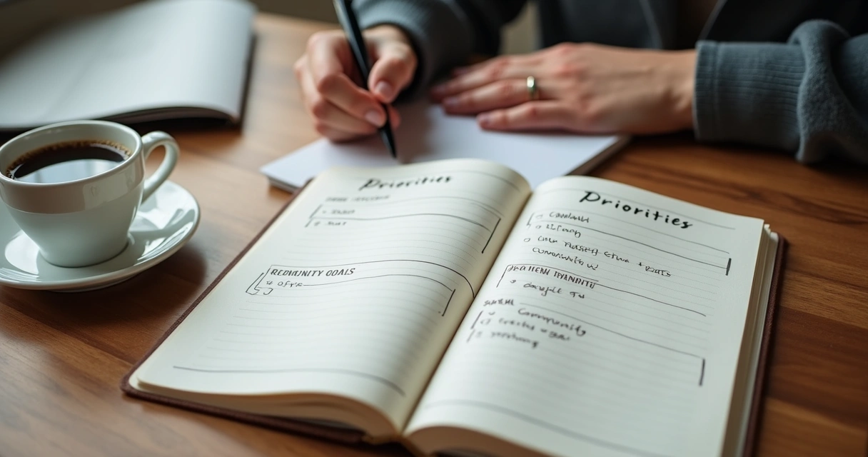 Pessoa organizando prioridades em um caderno com agenda e café 