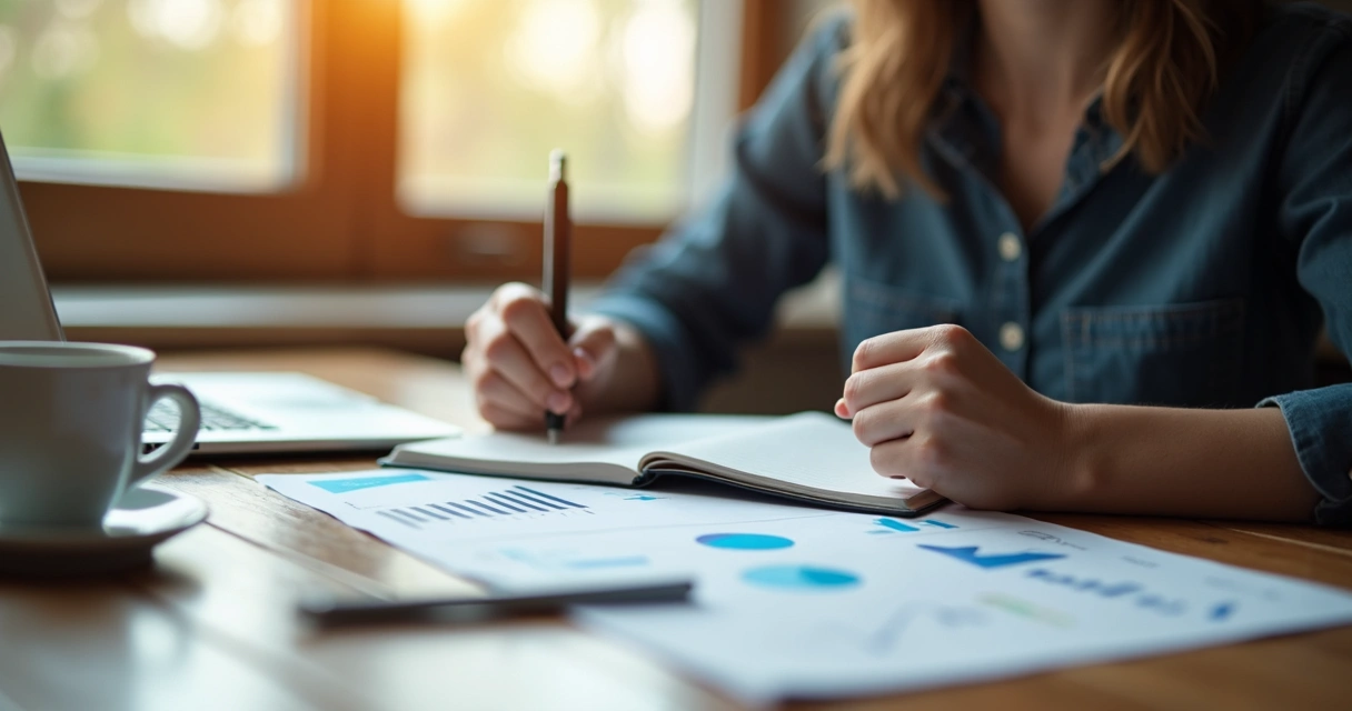 Pessoa com caderno e laptop com anotações de projeto na mesa 