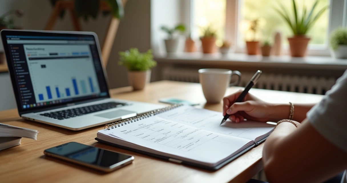 Pessoa revisando agenda semanal com caderno, caneta e laptop em mesa organizada 