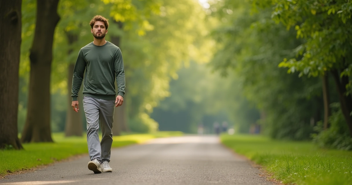 Pessoa caminhando lentamente em um parque pitoresco. 