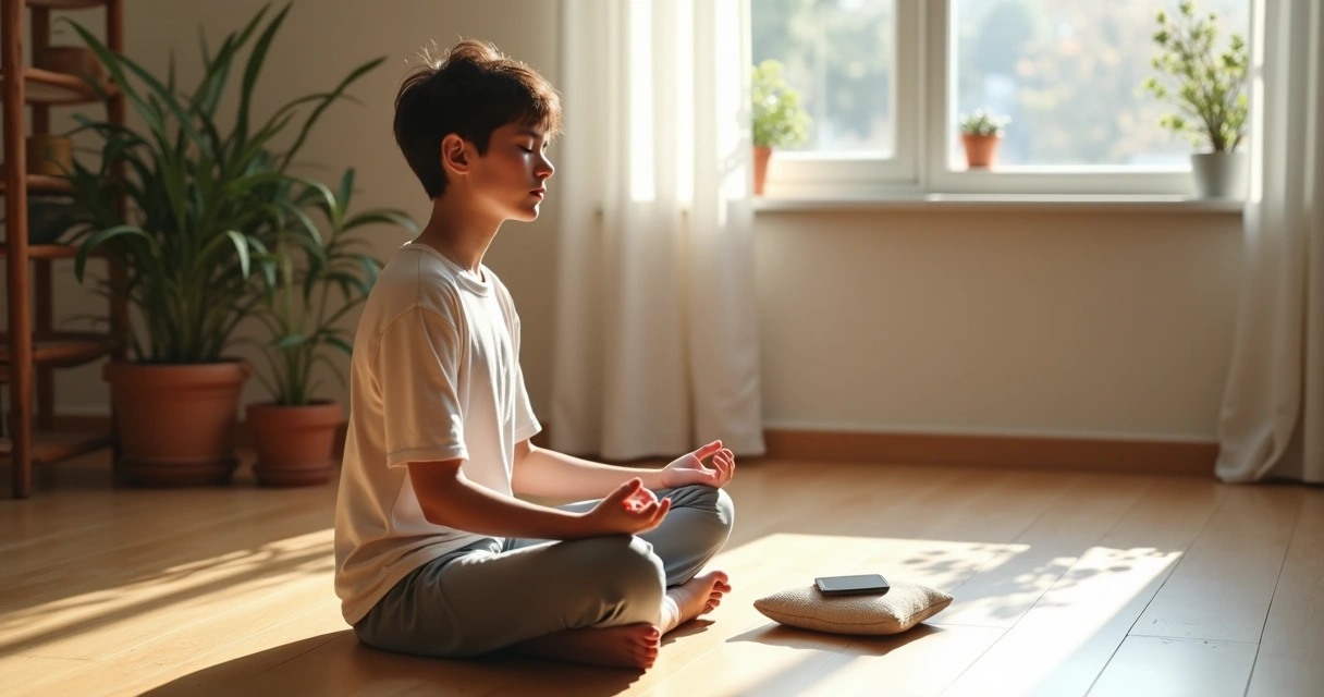 Pessoa sentada meditando com celular desligado ao lado 