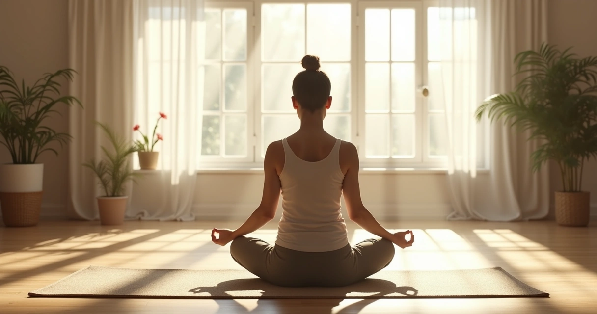 Pessoa sentada em posição de meditação em sala iluminada