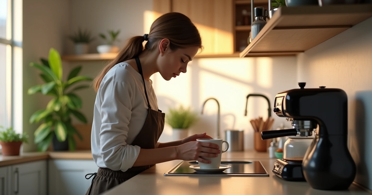 Pessoa concentrada fazendo café na cozinha