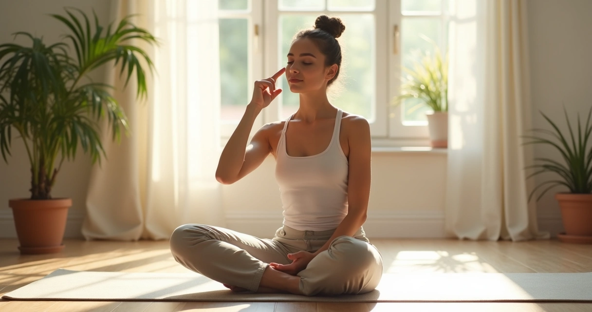 Pessoa sentada com olhos fechados fazendo respiração alternada 