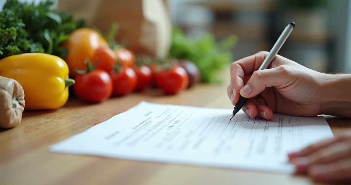 Mão escrevendo lista de compras, alimentos diversos sobre a mesa 