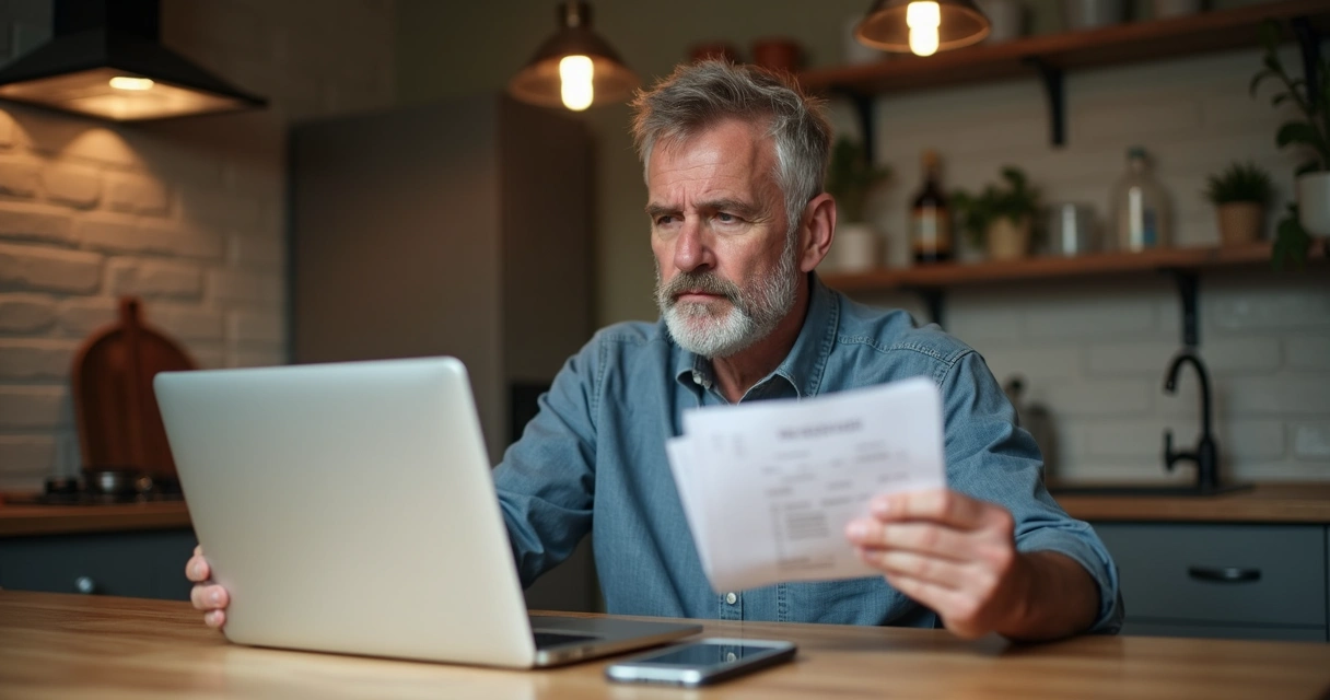 Homem ligeiramente preocupado olhando boletos de internet 