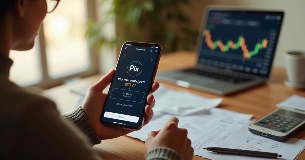 Pessoa preocupada conferindo pagamento via Pix no celular em ambiente doméstico iluminado 