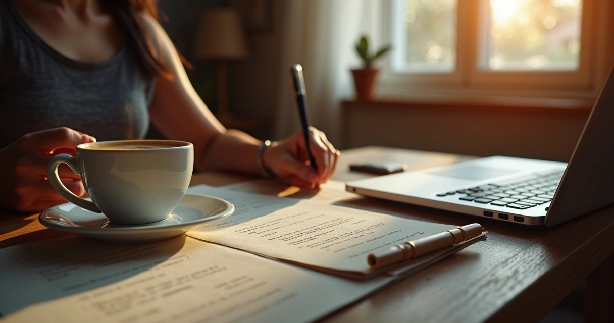 Pessoa revisando currículo em laptop com anotações e café na mesa 