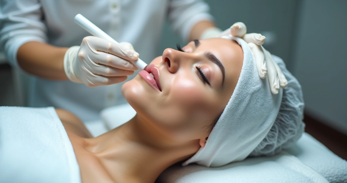 Profissional preparando pele de paciente para microagulhamento facial 