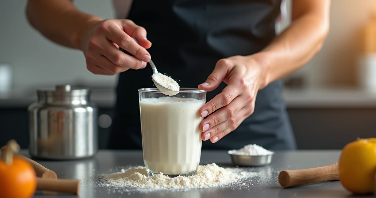 Pessoa misturando creatina em shake na cozinha 