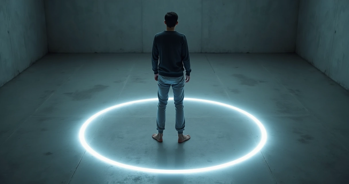 Pessoa em pé dentro de círculo luminoso simbolizando ciclo de medo e defesa 