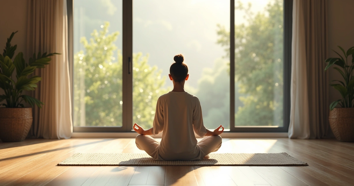 Pessoa sentada meditando próxima à janela, luz suave e ambiente tranquilo 