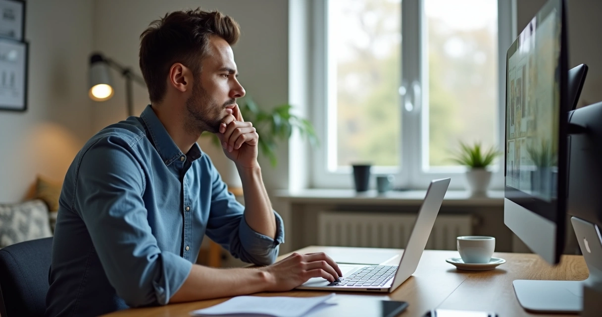 Homem sentado à mesa usando notebook em reunião online, atento à tela 