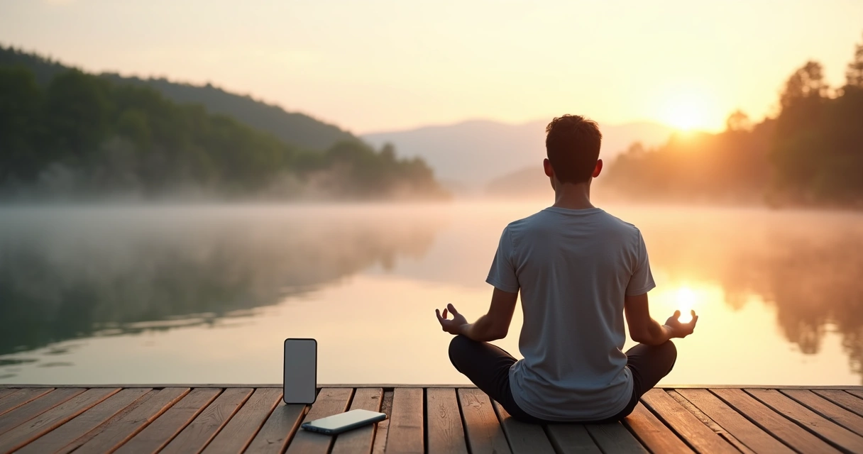 Pessoa sentada em posição de meditação ao ar livre com celular desligado ao lado 
