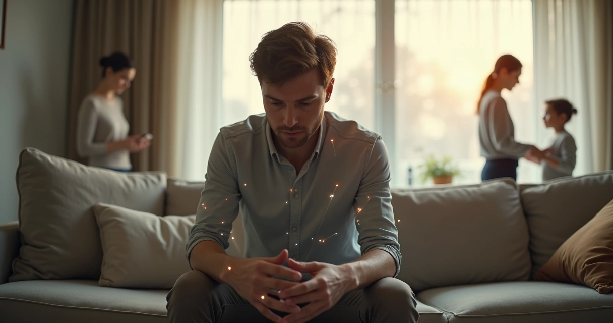 Pessoa cercada por fios invisíveis representando dinâmicas relacionais 