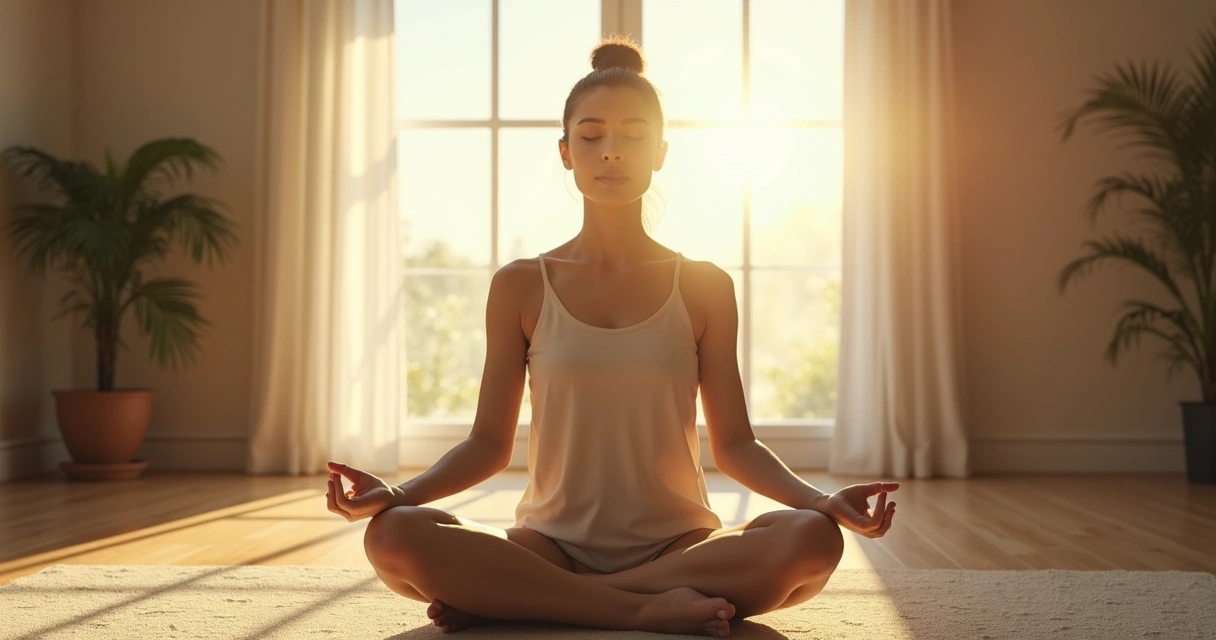 Pessoa sentada em silêncio em ambiente claro, prestes a iniciar uma meditação curta