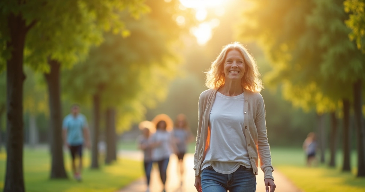 Mulher sorrindo andando ao ar livre após tratamento de colite, simbolizando melhoria na qualidade de vida 