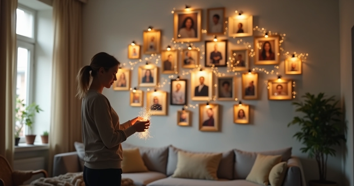 Pessoa adulta em pé quebrando corrente luminosa ligada a fotos de família na parede 