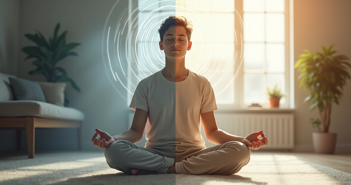 Pessoa sentada em posição de meditação com metade do fundo escuro e metade claro 