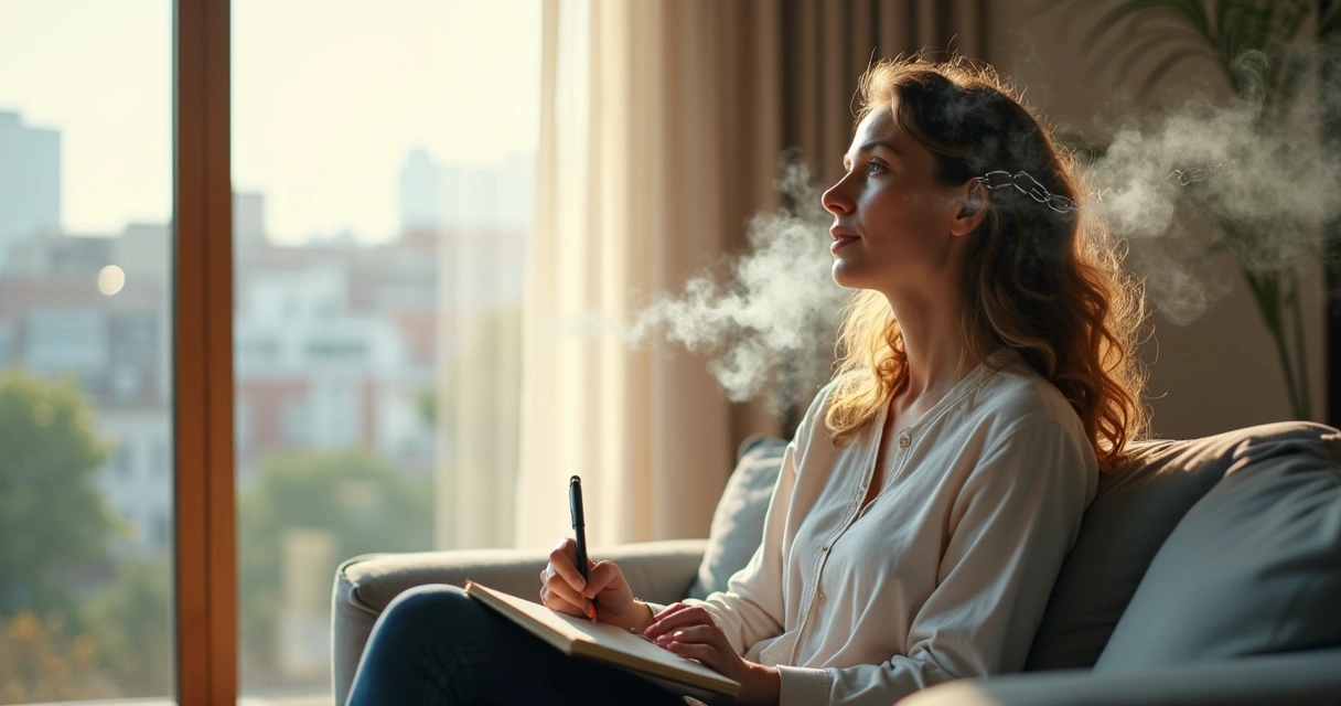 Pessoa refletindo enquanto correntes simbólicas se desfazem ao redor da cabeça 