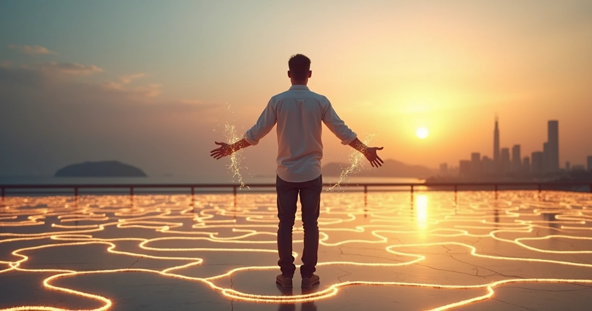 Pessoa em pé diante de um labirinto luminoso quebrando correntes invisíveis 