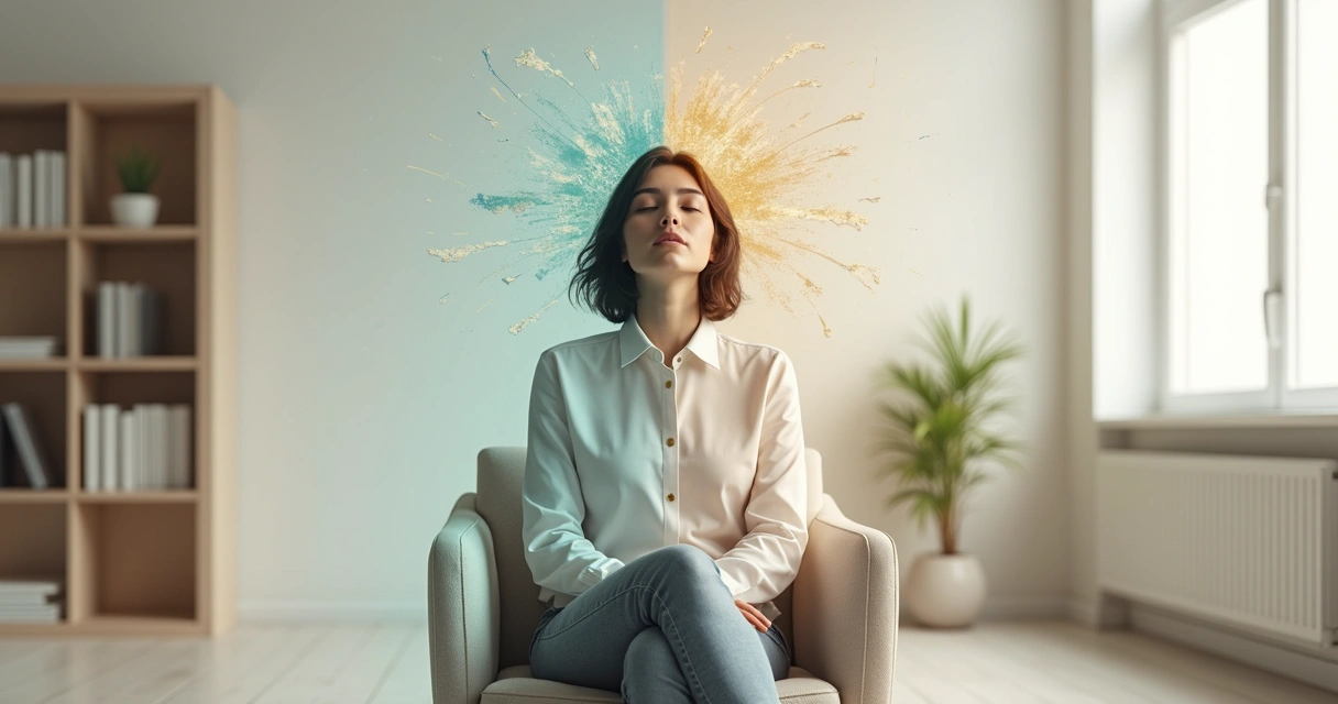 Pessoa em reflexão calma com linhas abstratas se desfazendo ao redor da cabeça 