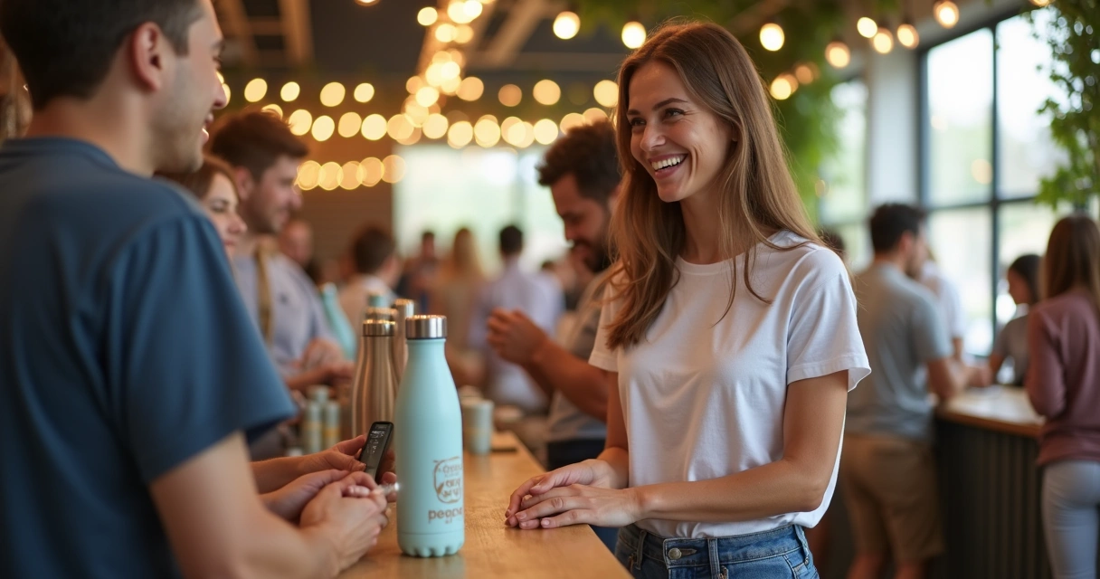 Pessoa sorrindo ao receber brinde personalizado ecológico. 