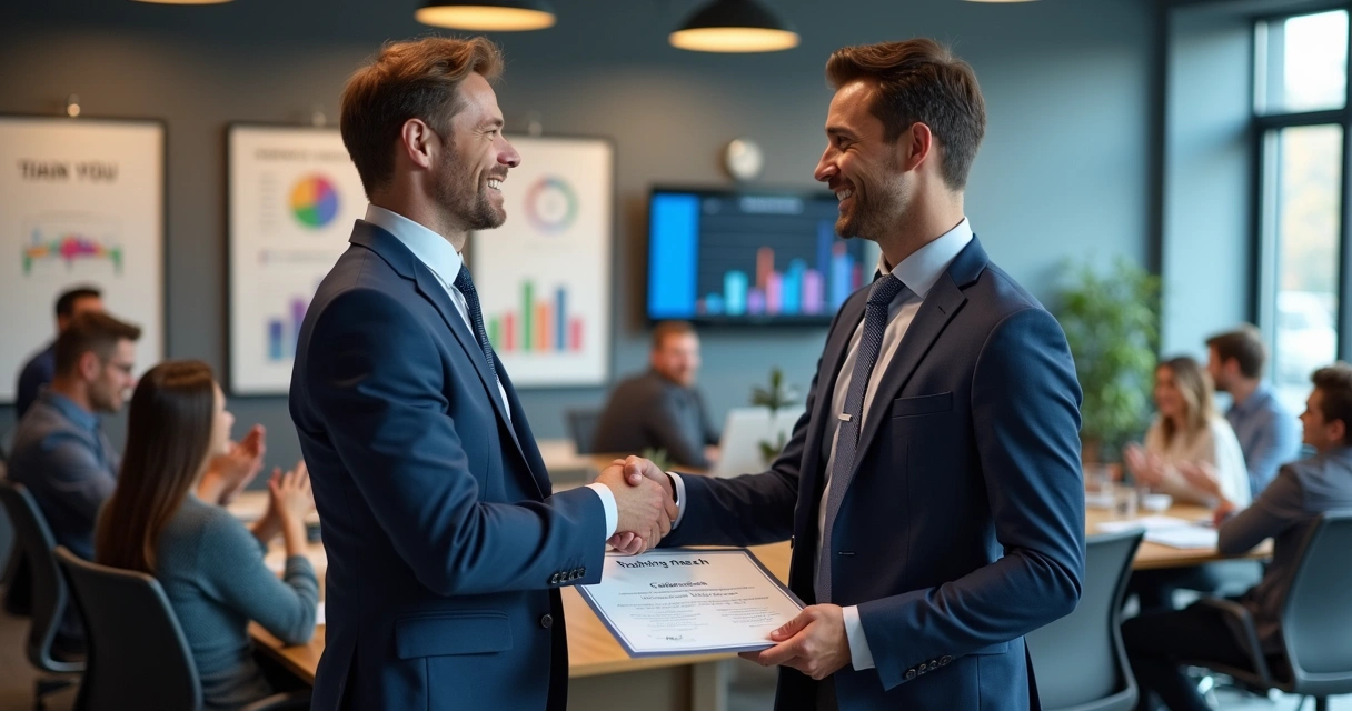 Colaborador recebendo certificado de treinamento na empresa 