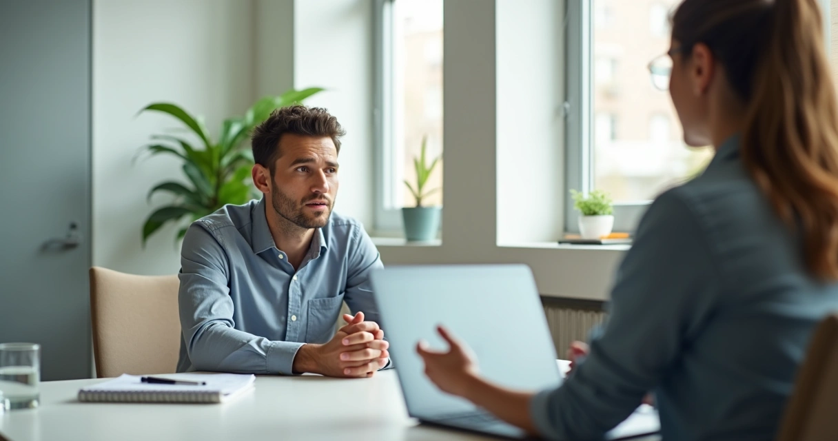 Pessoa ouvindo crítica com calma em ambiente de trabalho moderno 