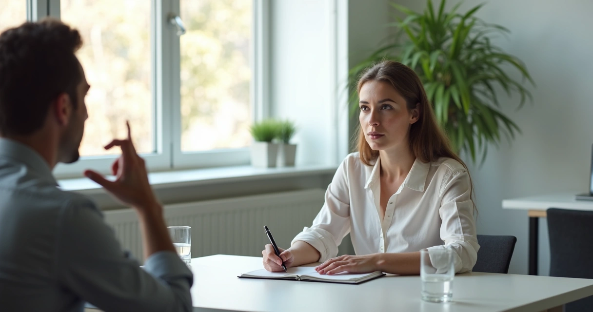 Profissional sentado ouvindo feedback e fazendo anotações em um caderno 