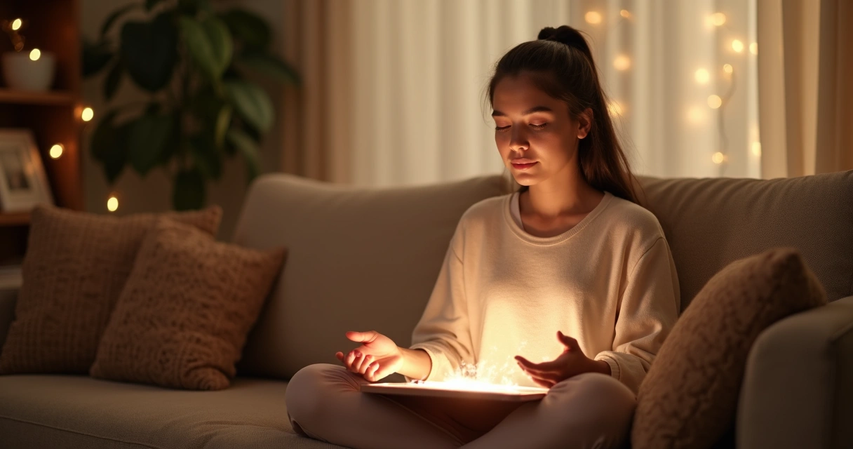 Jovem relaxando sentada no sofá com olhos fechados recebendo reiki à distância