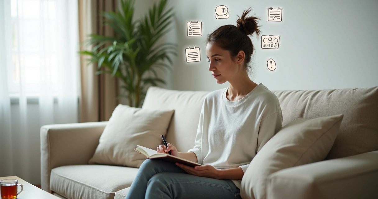 Pessoa sentada em sofá observando pensamentos e emoções em ambiente calmo 