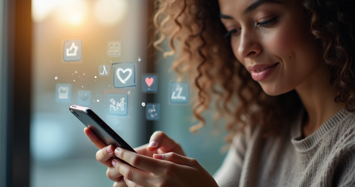 Pessoa refletindo diante do celular, com elementos digitais sugerindo interação social 