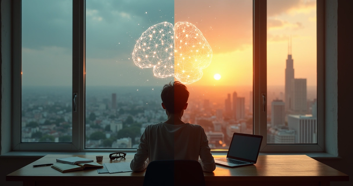 Pessoa refletindo e escrevendo sua própria história diante de paisagem dividida entre passado e futuro 