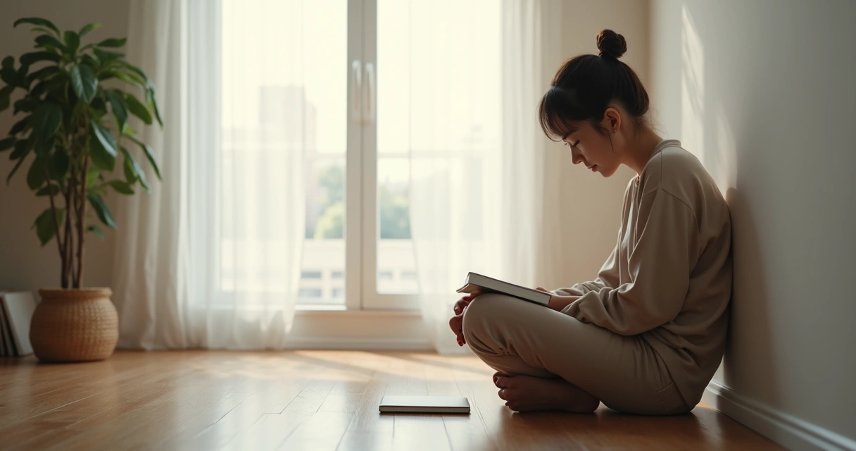 Pessoa sentada refletindo em ambiente iluminado por luz natural 