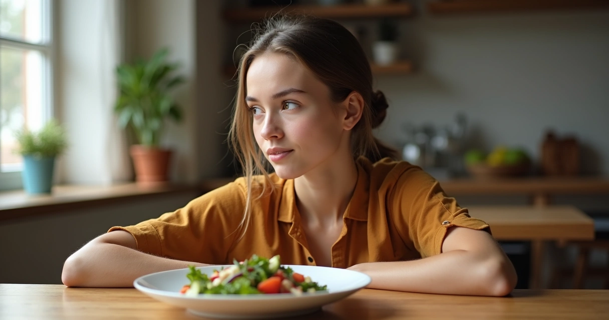 Pessoa sentada à mesa olhando para um prato, expressão pensativa, luz natural suave 