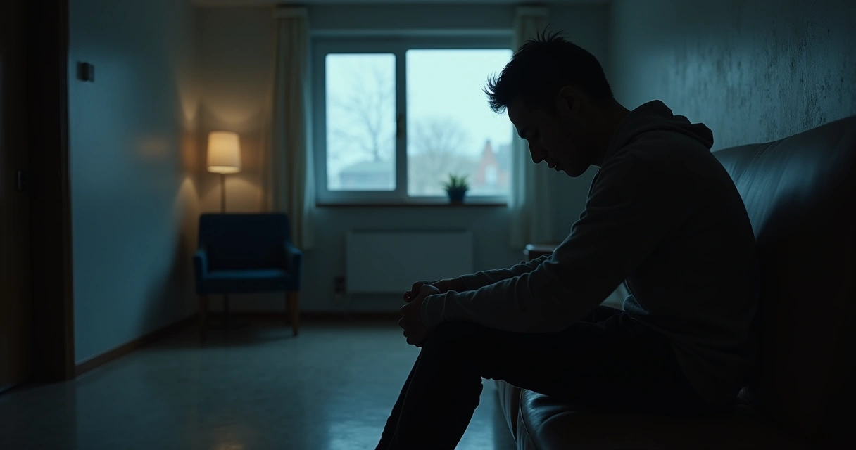 Pessoa sentada em uma sala com expressão de cansaço, luz difusa e ambiente escuro ao fundo 