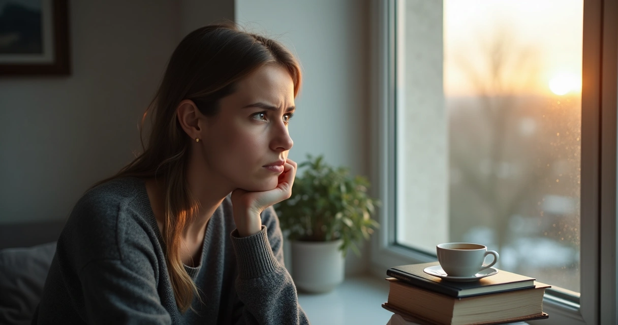 Homem sentado olhando pela janela, pensativo, com expressão preocupada