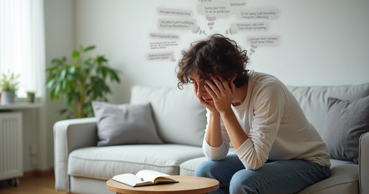 Pessoa sentada em sofá refletindo sobre pensamentos autocríticos com caderno de anotações 