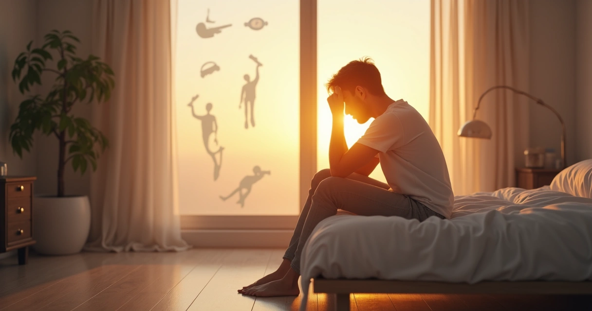 Pessoa sentada refletindo com sombras representando autoculpa ao redor 